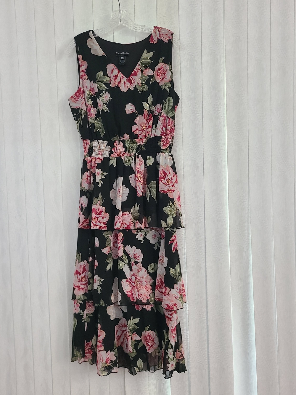Alexa B Nites 14W Black Pink Green Floral Smock Waist Tiered Midi Dress